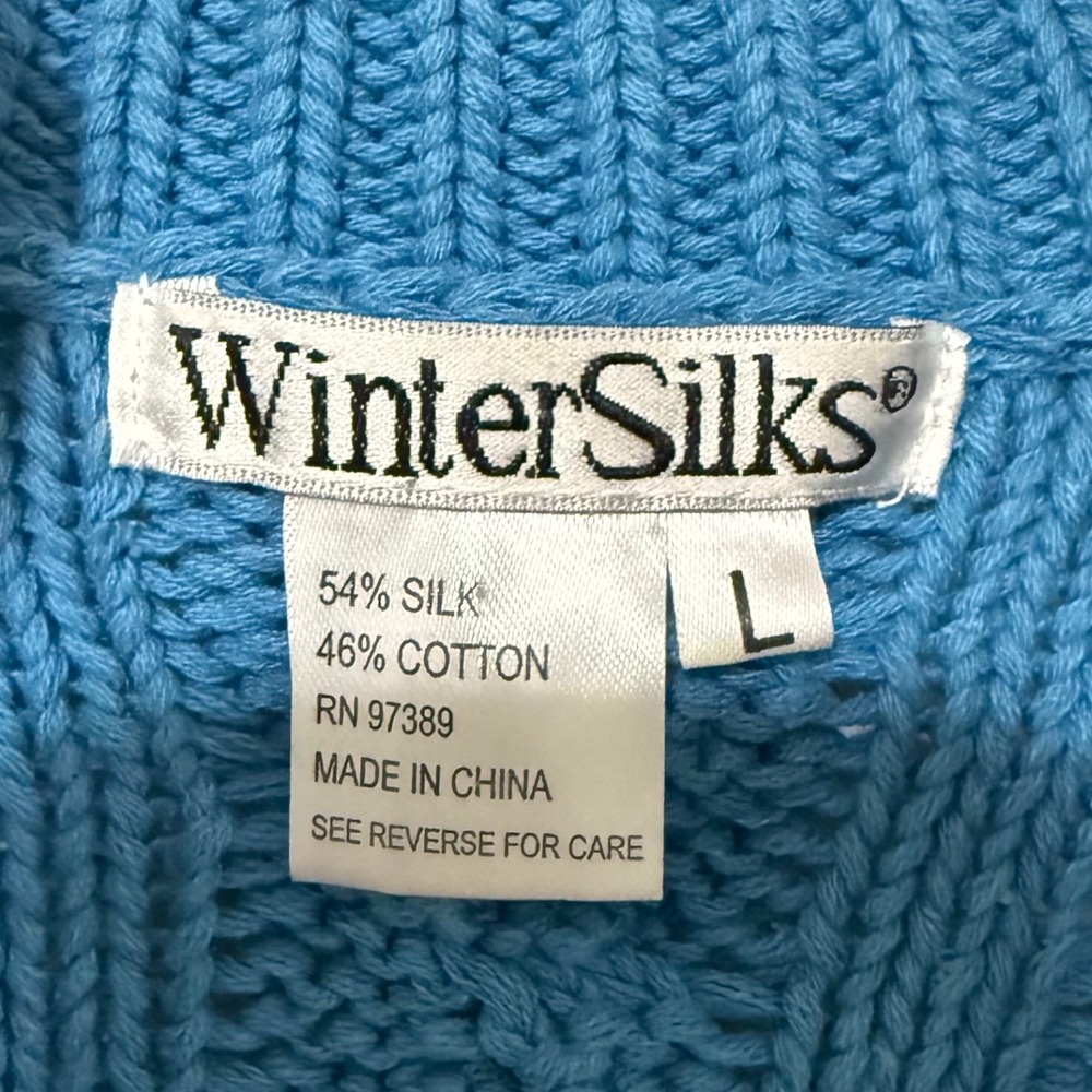 WinterSilks‎ Turquoise Blue Cable Knit Bobble Silk Cotton Blend Sweater Size L - Picture 3 of 6